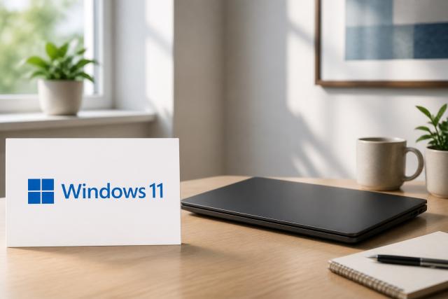 Windows 11 logo card next to a closed laptop on a desk.
