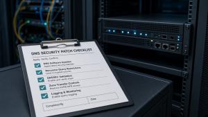 DNS security patch checklist on a clipboard in front of a server rack.