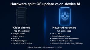 Hardware split: older phones can install iOS 27; newer AI hardware gets full Siri AI — click to enlarge.