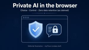 Editorial graphic: Firefox Smart Window with Mistral — private AI browsing; privacy settings still matter.
