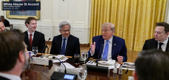 Official White House photograph of the September 29, 2026 East Room luncheon, with President Donald Trump seated between Jensen Huang and Elon Musk