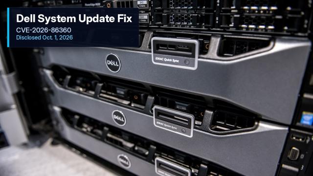 Dell PowerEdge servers with a critical system fix text plate. Photo: Dell Inc., via Wikimedia Commons, CC BY-SA 2.0. Cropped with a text plate added.