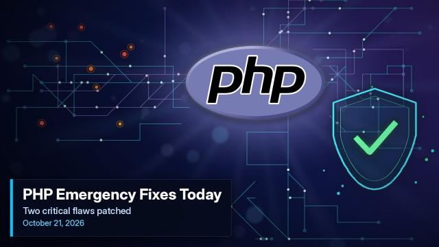 The official PHP logo glowing beside a shield with a checkmark on a dark navy-and-purple circuit background, with a caption reading PHP Emergency Fixes Today.