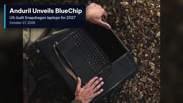 Anduril BlueChip rugged laptop prototype in a field setting with a plate reading Anduril Unveils BlueChip.