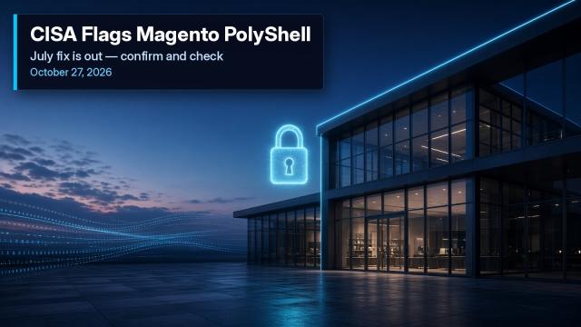 Glowing padlock beside a glass storefront building at dusk with a plate reading CISA Flags Magento PolyShell.