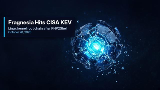 Abstract shattered crystalline kernel core with a plate reading Fragnesia Hits CISA KEV - Linux kernel root chain after PHP2Shell.