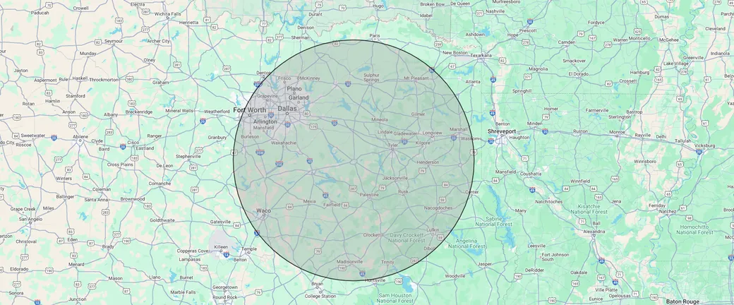 Map of the East Texas service area around Athens, TX, reaching from the Dallas area to Tyler, Longview and Nacogdoches